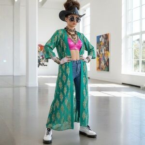 Vintage Teal Gold Embroidered Duster Kimono Jacket 70s Boho Indie Sleaze Beaded